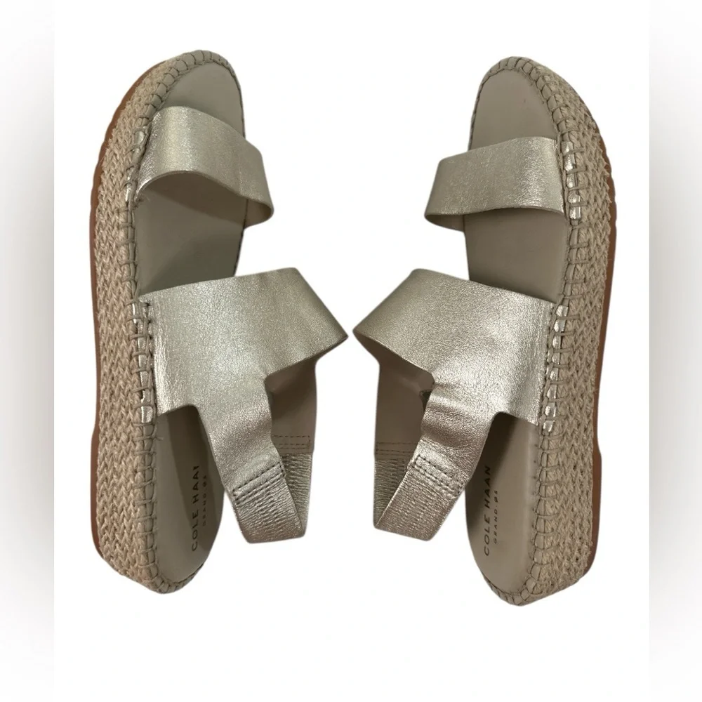 Cole Haan Cloudfeel Espadrille Sandals Soft Gold Metallic Leather Natural Jute 7